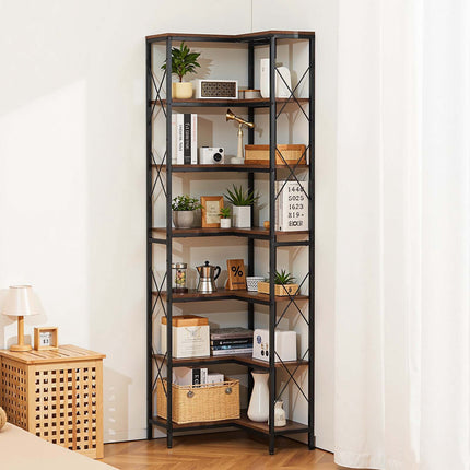 7-Tier Corner Bookshelf, Metal Frame Wood Shelves