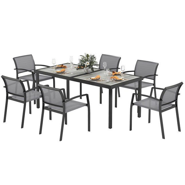 7-teiliges Outdoor-Esszimmer-Set – Stapelbare Stahlstühle