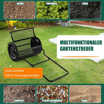 Épandeur de compost 80L avec poignée en U et panier en maille épandeur de tourbe épandeur d'engrais composteur noir