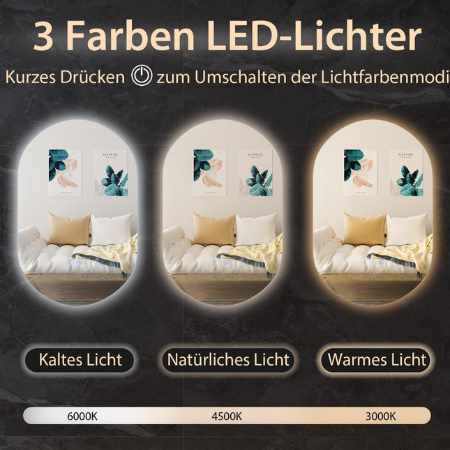 80 x 50 cm LED Wandspiegel oval dimmbar Badezimmerspiegel