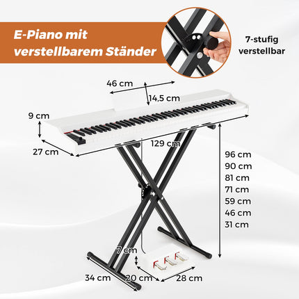 Piano numérique semi-lesté 88 touches, support, pédales, blanc