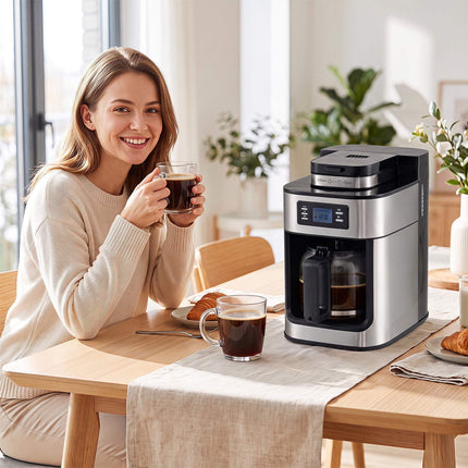 Cafetière 8 tasses avec broyeur et minuterie, carafe en verre