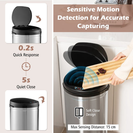 Poubelle à détecteur de mouvement sans contact de 30 litres, acier inoxydable, argent