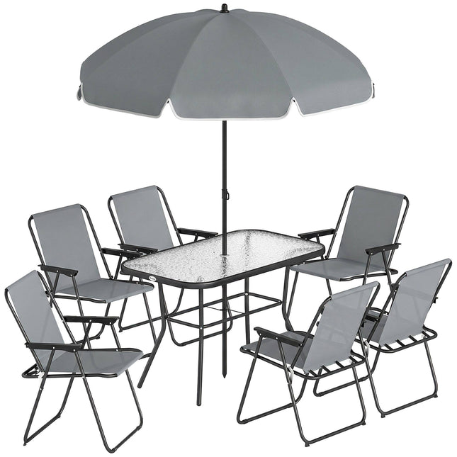 8-teiliges Outdoor-Esszimmer-Set mit Sonnenschirm, klappbare Stühle