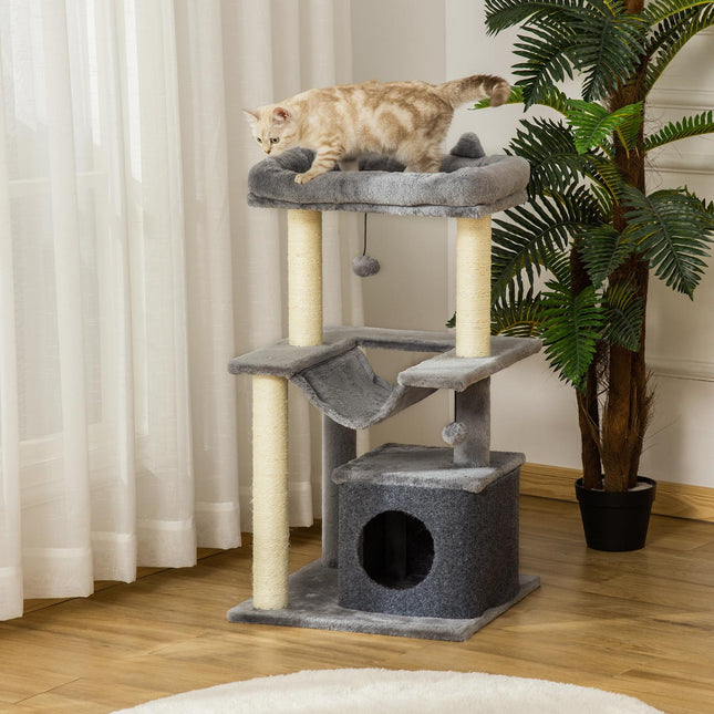Katzenkratzbaum mit Hängematte, Plüsch-Sisal, 90 cm, grau