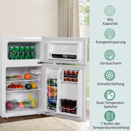 Réfrigérateur compact 90 L avec congélateur, deux portes, blanc
