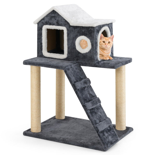 Arbre à chat de 90 cm de haut avec grande grotte, échelle et poteaux en sisal, arbre à chat gris