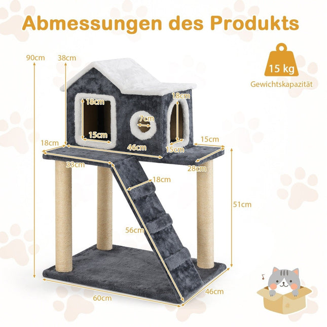 Arbre à chat de 90 cm de haut avec grande grotte, échelle et poteaux en sisal, arbre à chat gris