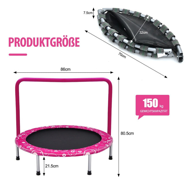 Trampoline pour enfants de 92 cm, mini trampoline avec poignée, trampoline pliable, capacité de charge jusqu'à 150 kg, rose + noir