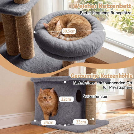 96 cm Kratzbaum mit Höhle, Plattform, Bett & Spielzeug, Grau