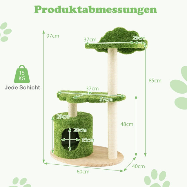 97 cm großer Kratzbaum mit vollständig umwickelten Sisal-Kratzstämmen und gepolsterter oberer Sitzstange