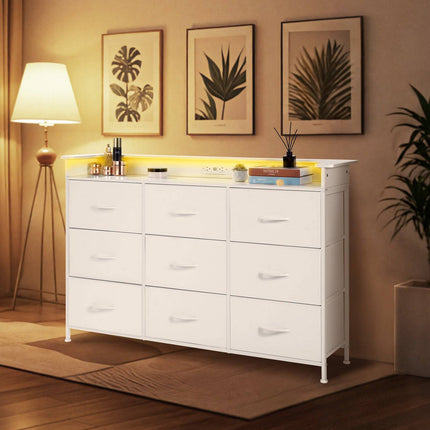 9 Drawer Tall Fabric Dresser with LED Lights, Outlet, White