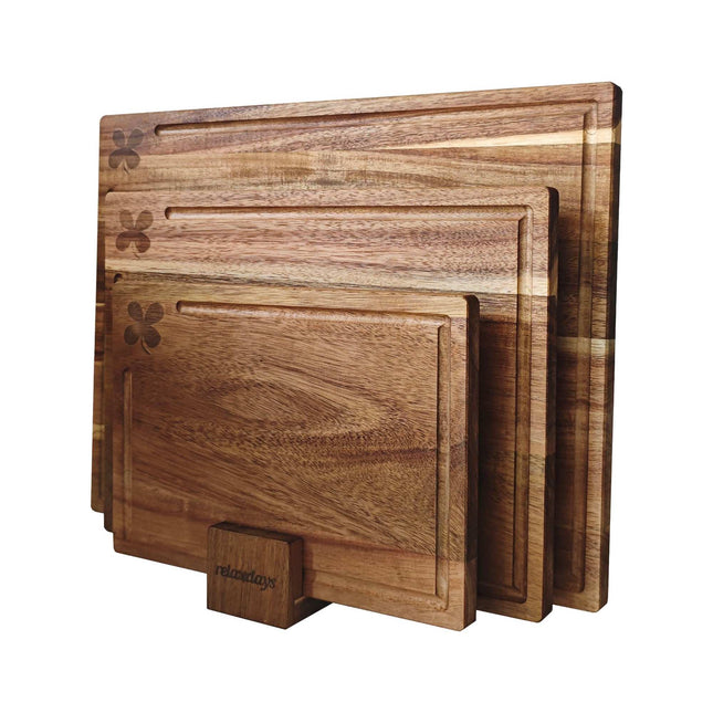 Ensemble de 3 planches à découper en bois d'acacia avec support