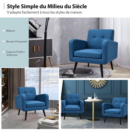 Fauteuil d'appoint, revêtement en lin, pieds en bois d'hévéa, bleu