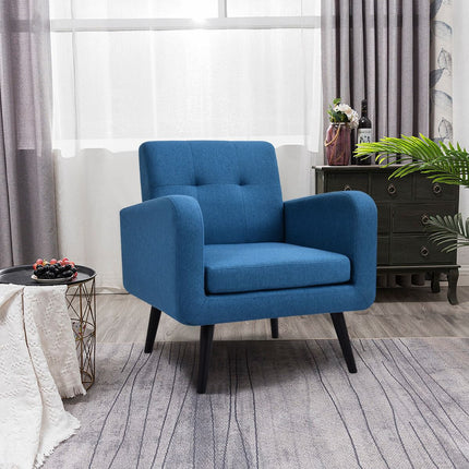 Fauteuil d'appoint, revêtement en lin, pieds en bois d'hévéa, bleu