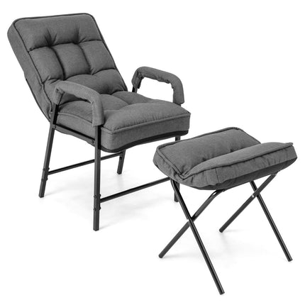 Sessel & Ottoman-Set, verstellbare Rückenlehne, graues Leinen