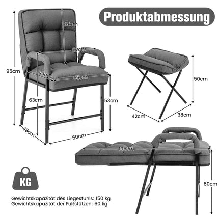 Sessel & Ottoman-Set, verstellbare Rückenlehne, graues Leinen