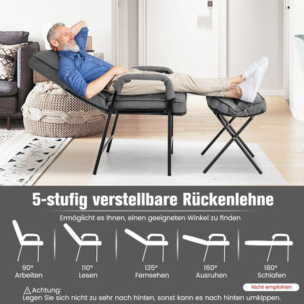 Sessel & Ottoman-Set, verstellbare Rückenlehne, graues Leinen