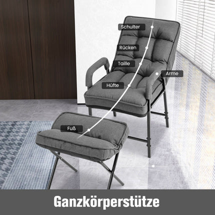 Sessel & Ottoman-Set, verstellbare Rückenlehne, graues Leinen