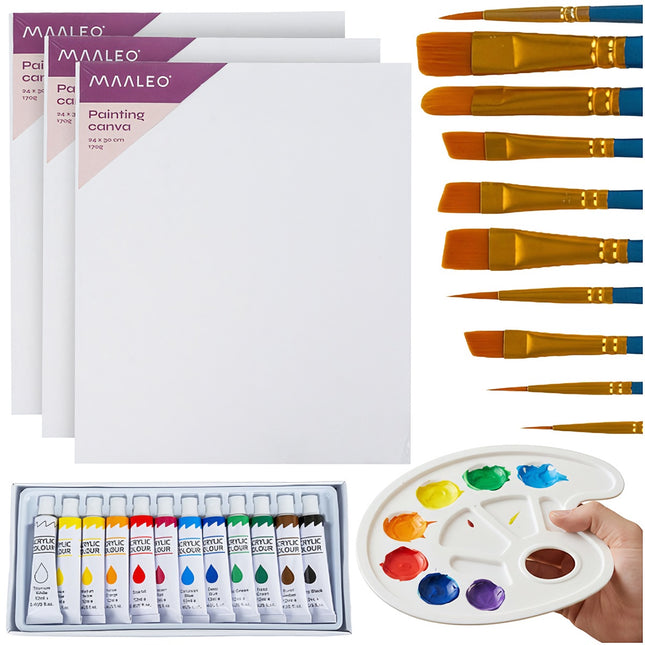 Coffret de peinture acrylique - 26 pièces avec pinceaux, toiles et palette