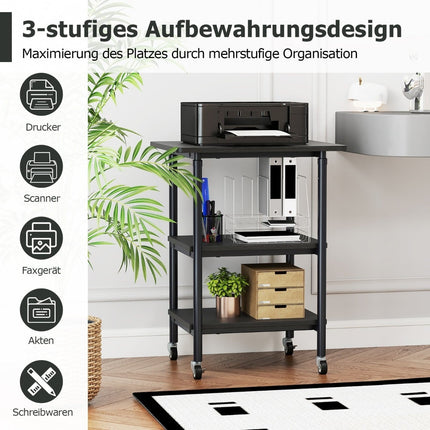 Verstellbarer 3-stöckiger Druckerwagen mit Ablageflächen und Rollen