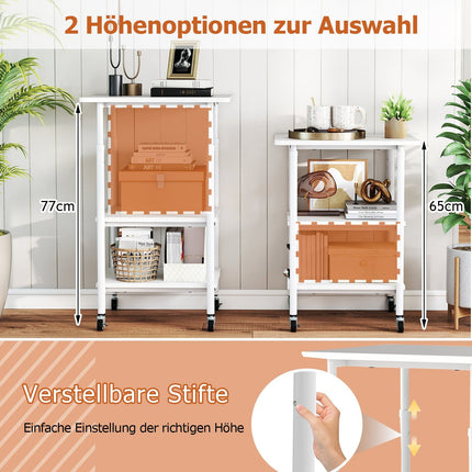 Verstellbarer 3-stöckiger Druckerwagen mit Ablagen und Rollen, Weiß