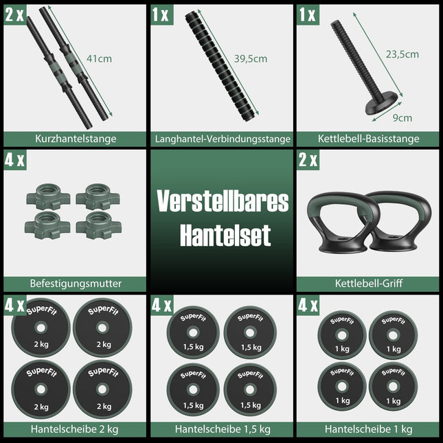 Verstellbares 4-in-1 Hantelset, 20 kg mit Kettlebell & Langhantel