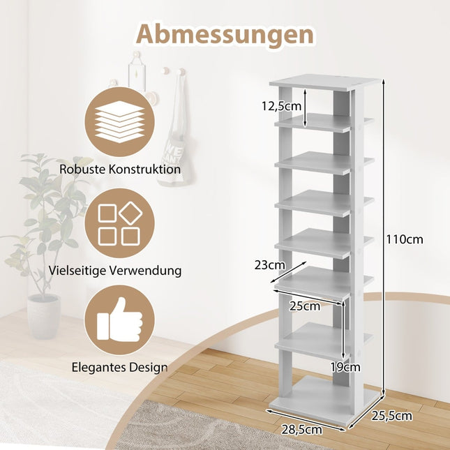 Verstellbares Holzschuhregal mit 8 Ebenen, platzsparend, Grau