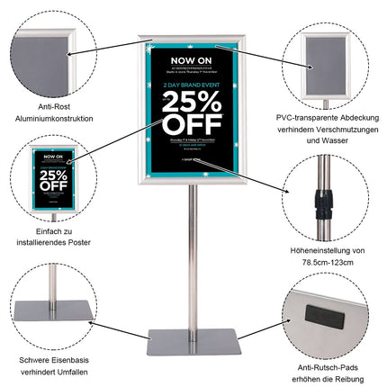Verstellbares A3 Info-Stand-Set, Silber, Aluminiumrahmen