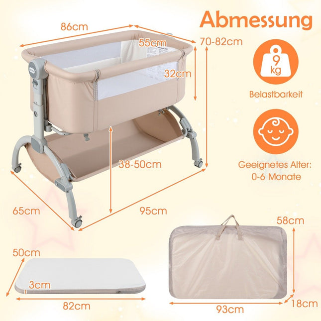 Verstellbares Babybeistellbett mit Rollen – Beige, 7 Höhenstufen