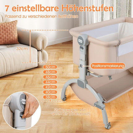 Verstellbares Babybeistellbett mit Rollen – Beige, 7 Höhenstufen
