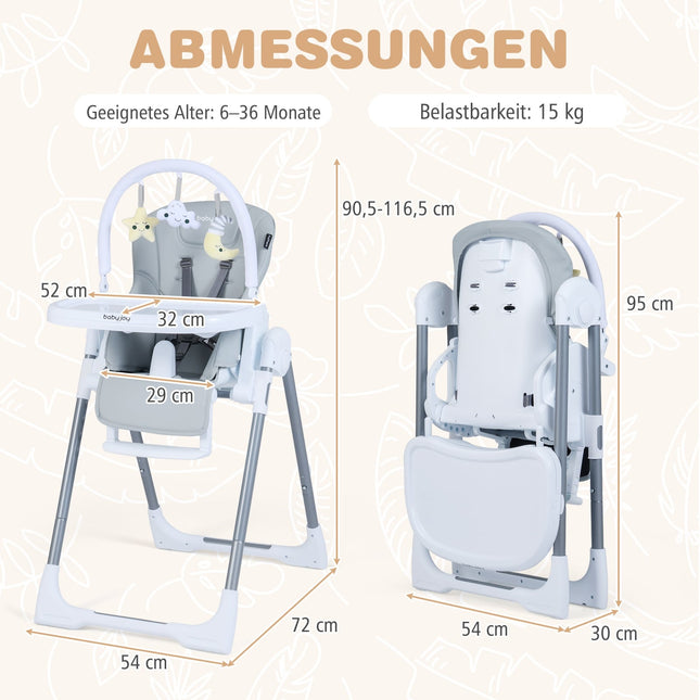 Verstellbarer Babyhochstuhl, faltbar mit Tablett, Hellgrau