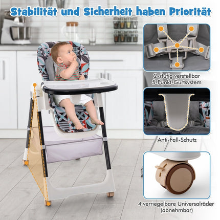 Verstellbarer Babyhochstuhl mit Liegefunktion und doppeltem Tablett