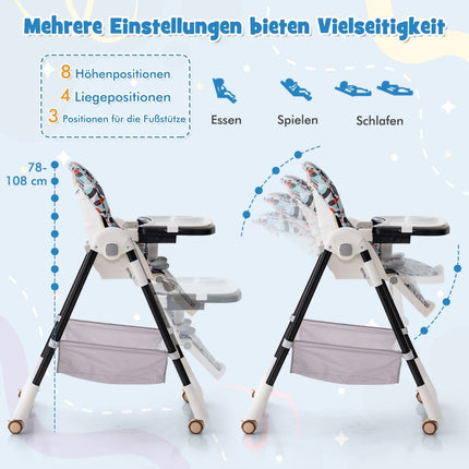 Verstellbarer Babyhochstuhl mit Liegefunktion und doppeltem Tablett