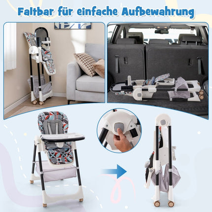 Verstellbarer Babyhochstuhl mit Liegefunktion und doppeltem Tablett