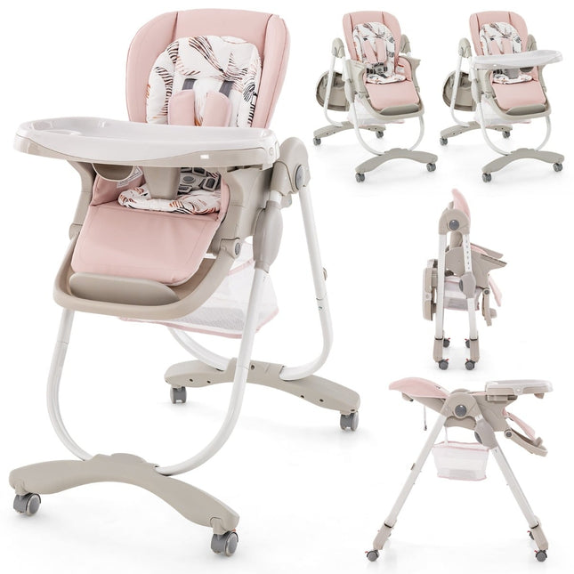 Verstellbarer Baby-Hochstuhl mit Rollen, Rosa, Klappbar