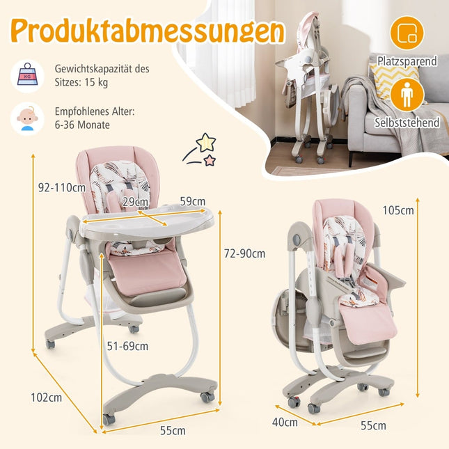 Verstellbarer Baby-Hochstuhl mit Rollen, Rosa, Klappbar