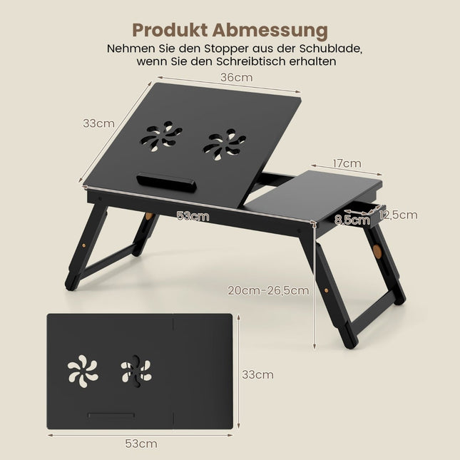Table d'ordinateur portable réglable en bambou avec tiroir - Marron