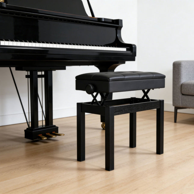 Banc de piano réglable en bouleau noir avec rangement