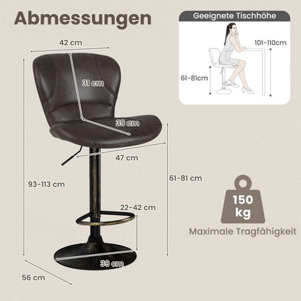 Ensemble de 2 tabourets de bar marron réglables avec dossier et repose-pieds