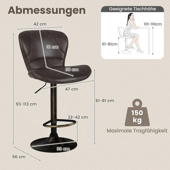 Verstellbare braune Barhocker 2er-Set mit Rückenlehne und Fußstütze