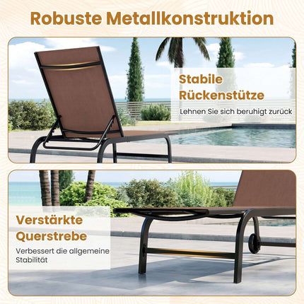 Transat marron réglable avec roulettes et tissu respirant