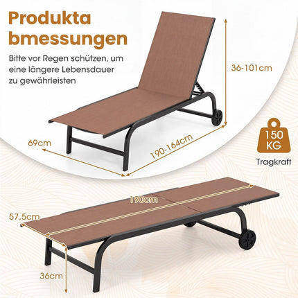 Transat marron réglable avec roulettes et tissu respirant