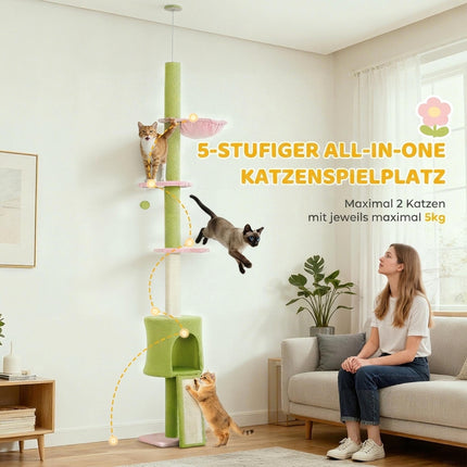 Arbre à chat réglable avec hamac et poteaux en sisal, vert