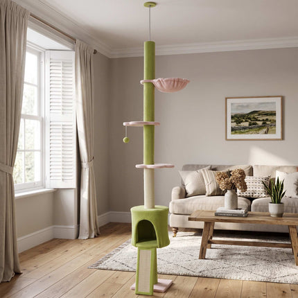 Arbre à chat réglable avec hamac et poteaux en sisal, vert