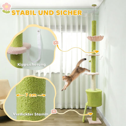 Arbre à chat réglable avec hamac et poteaux en sisal, vert