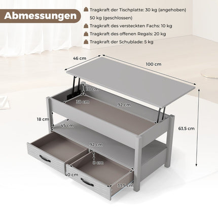 Verstellbarer Couchtisch mit Hebefunktion und 2 Schubladen