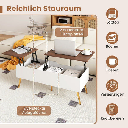 Table basse réglable avec plateau relevable et rangement dissimulé