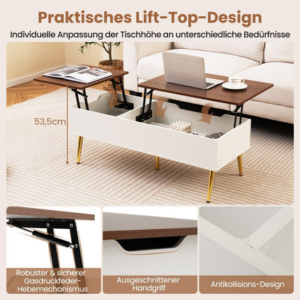 Table basse réglable avec plateau relevable et rangement dissimulé