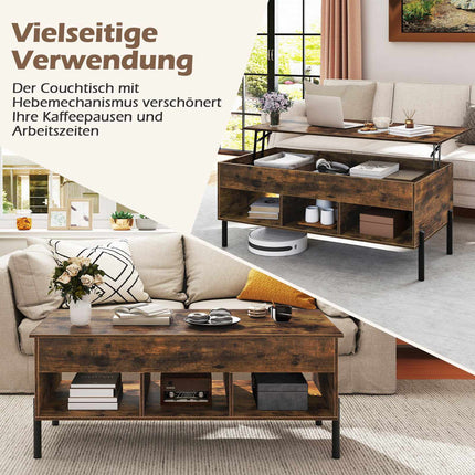 Verstellbarer Couchtisch mit Hubplatte, Stauraum, Braun